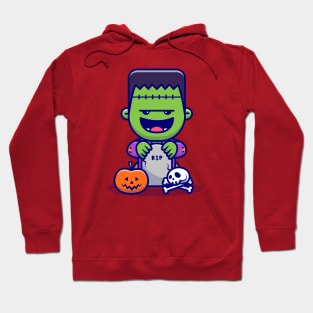 Cute Frankenstein laughing With Tombstones, Skulls, and  Pumpkin Halloween Cartoon Hoodie